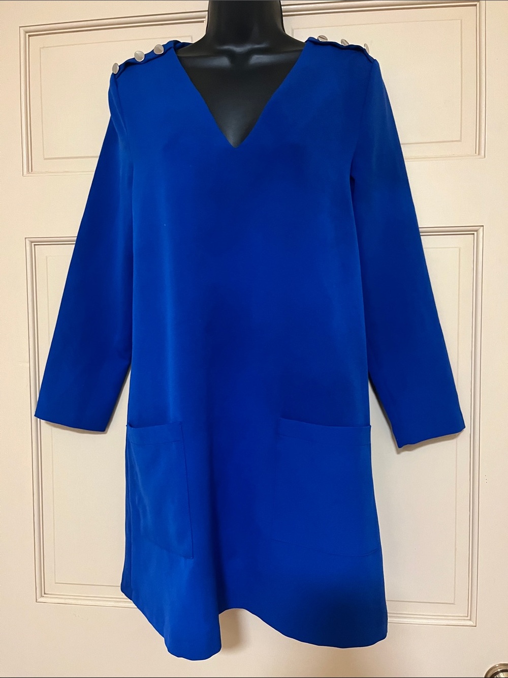 Zara Royal Blue V-Neck Long Sleeve Shift Dress with Shoulder Buttons